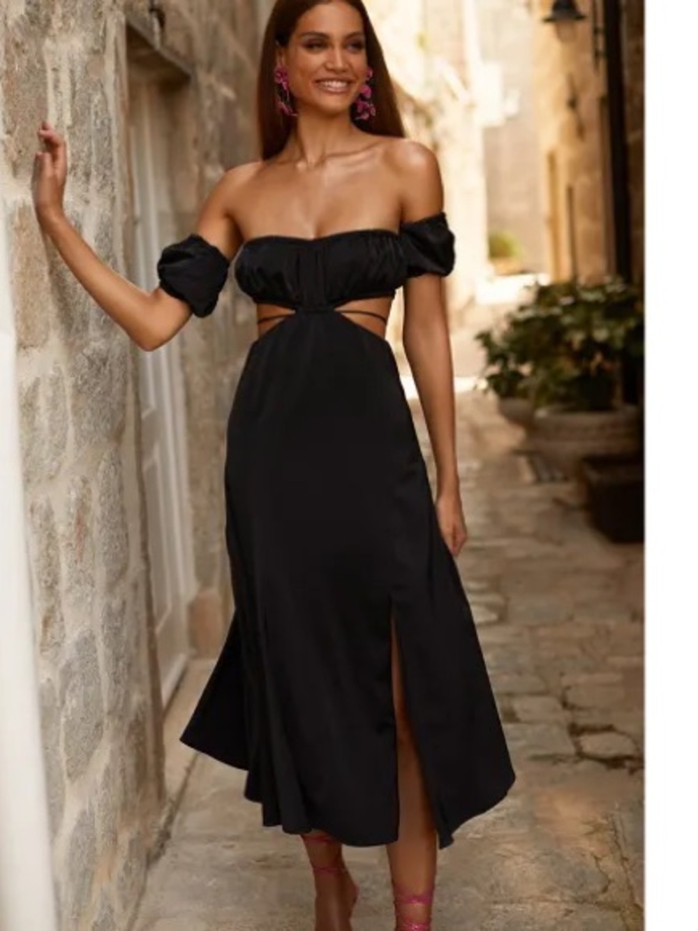 Alamour The Label Eleena Off-The-Shoulder Cutout Midi Dress Black Size M NWT